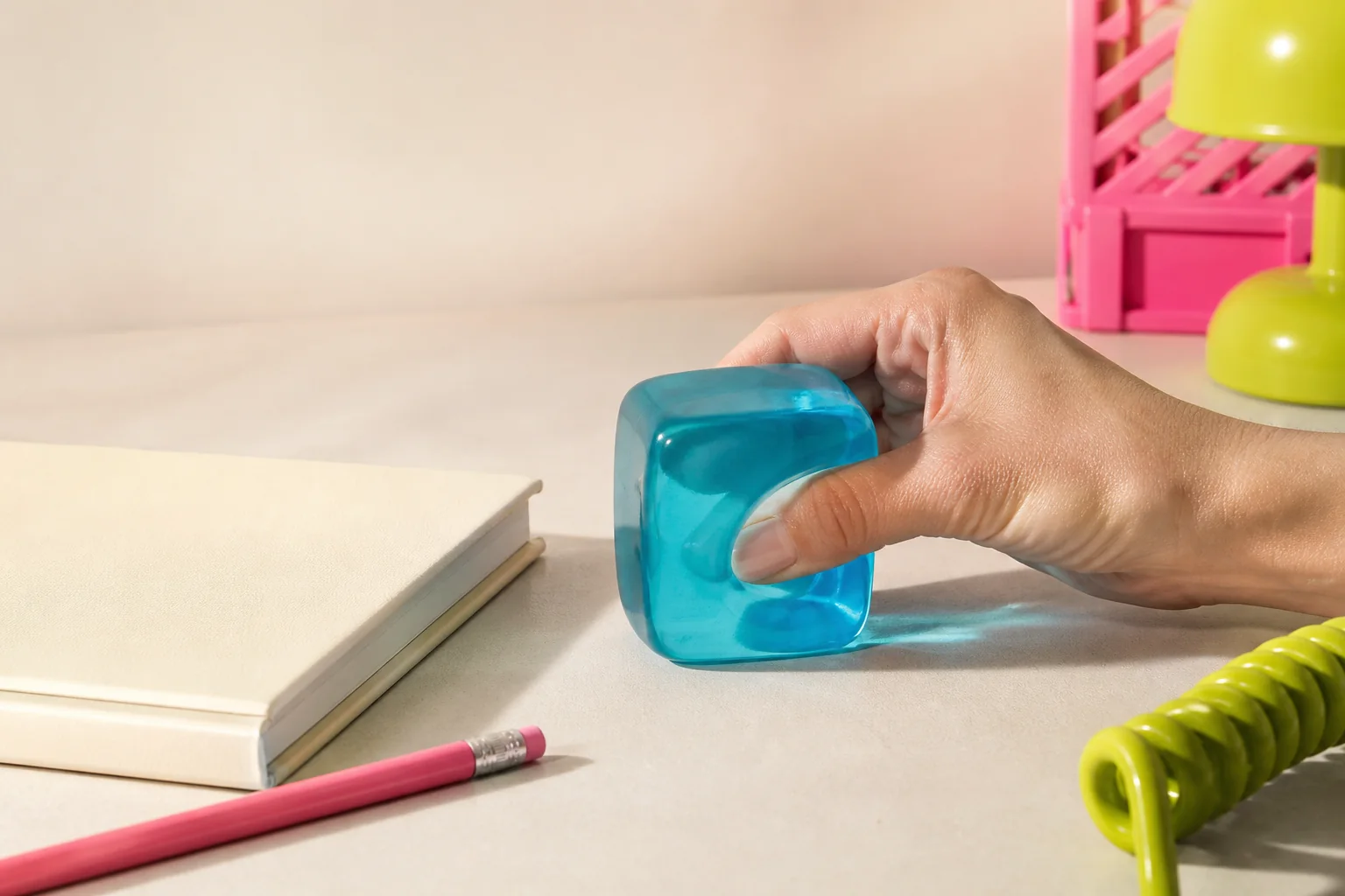 Blue sensory cube being squeezed on a study desk