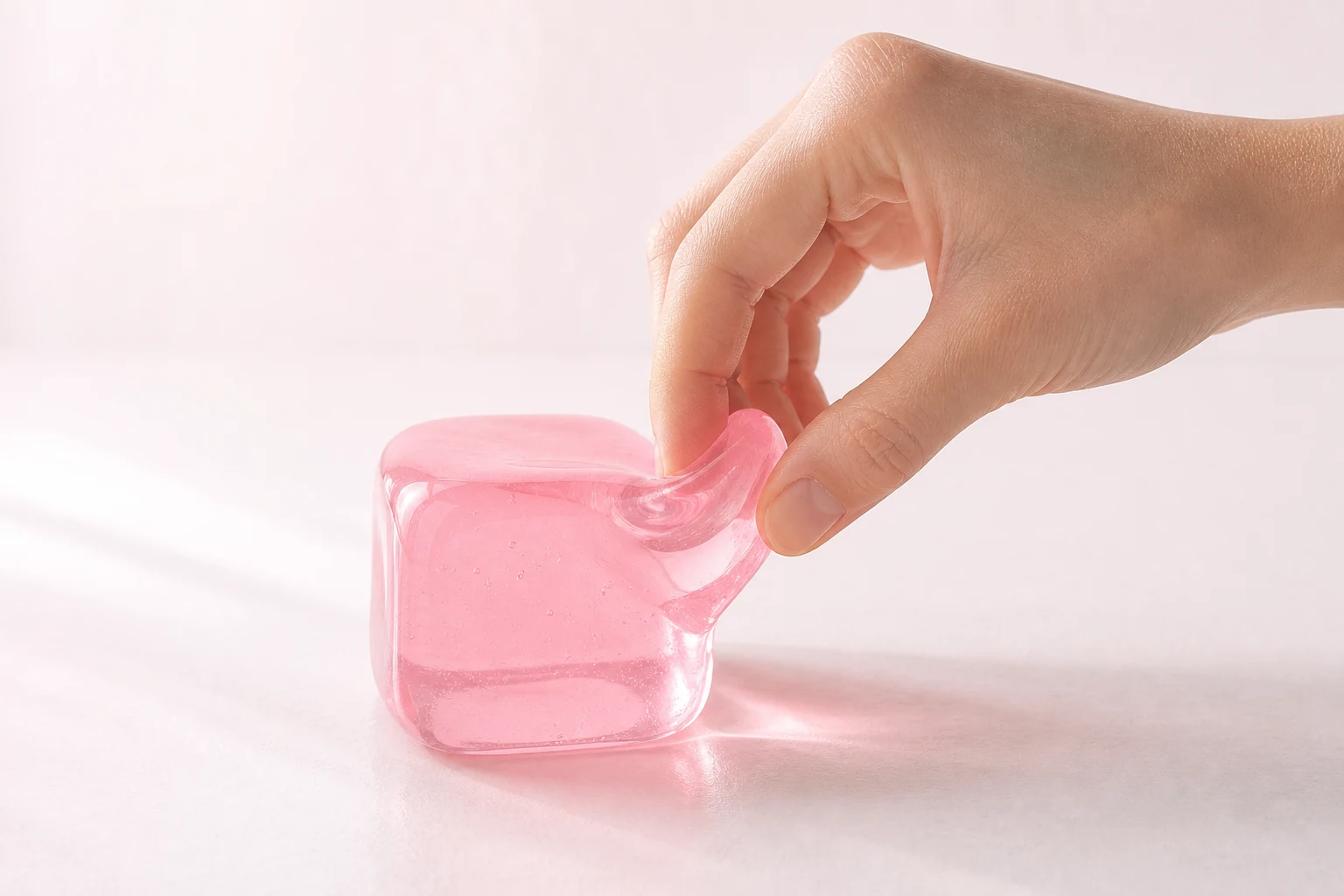 Illustrative close-up of a hand gently pinching the corner of a translucent pink rounded sensory cube