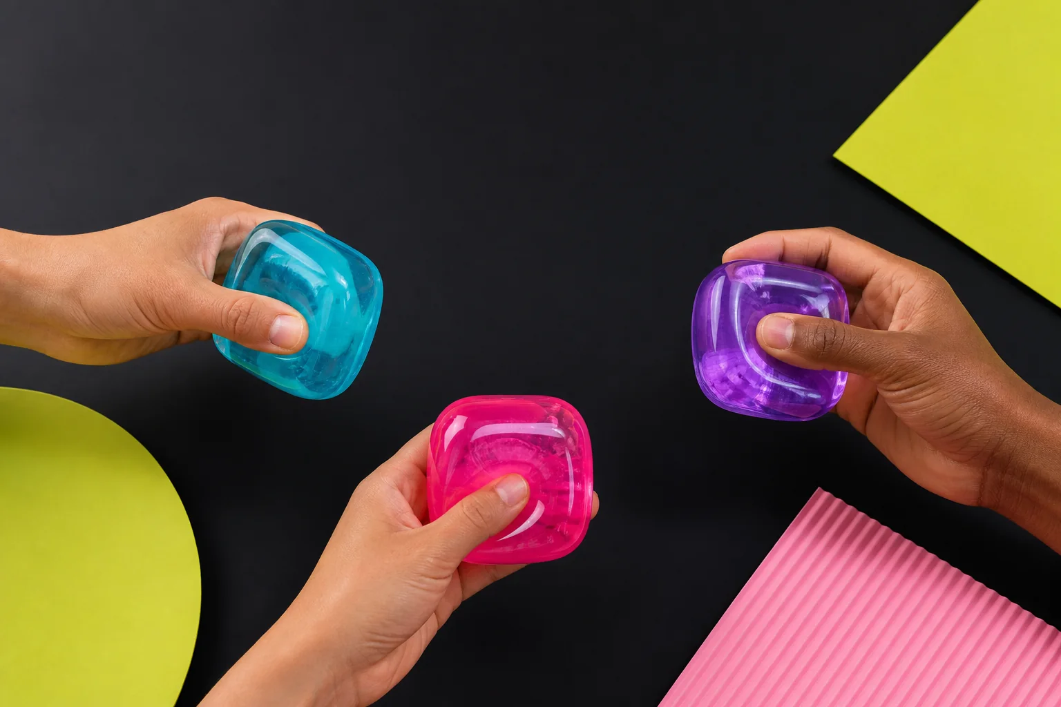 Three hands holding assorted blue, pink, and purple sensory cubes